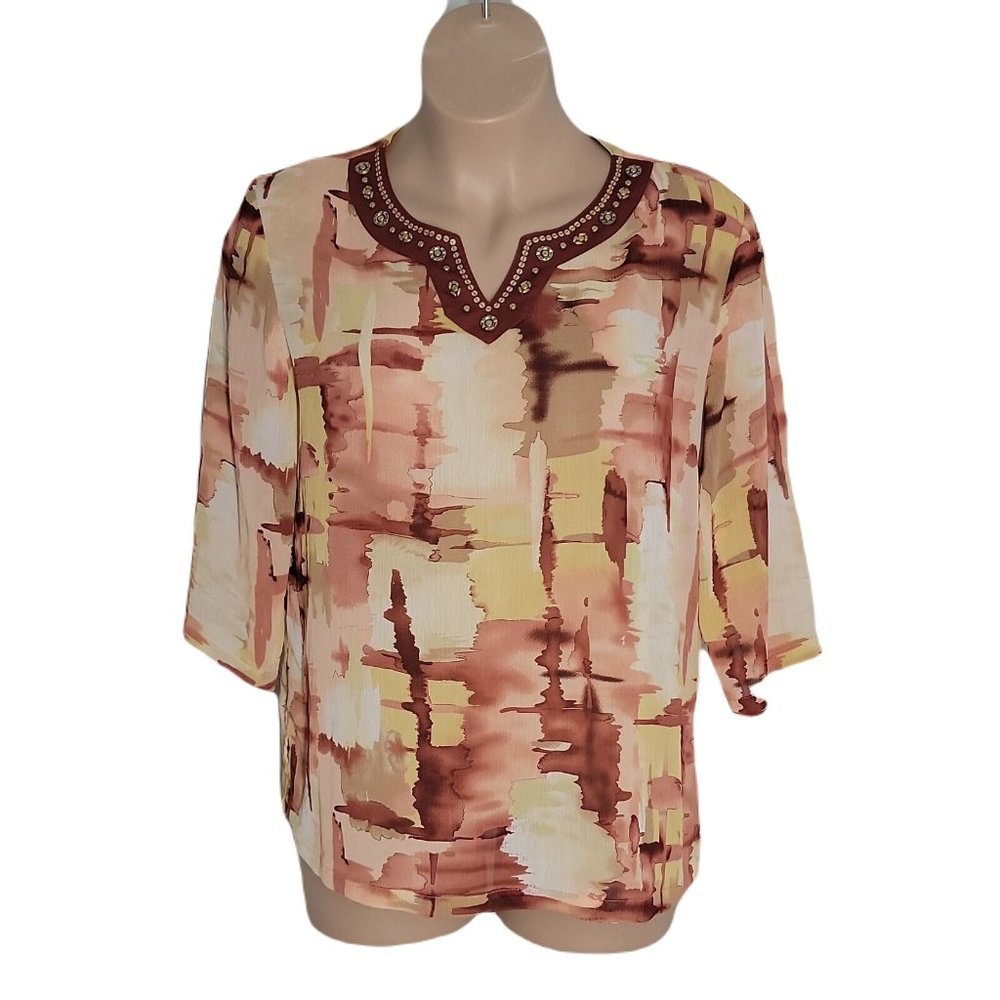 Alfred Dunner Classy Sheer Blouse Top ~ Sz 18 ~ Burgundy & Yellow ~ 3/4 Sleeve